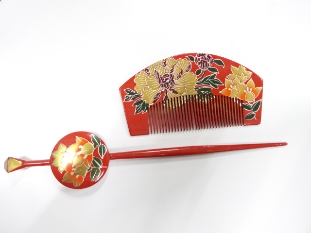 アンティーク　漆塗り蒔絵　櫛・簪セット